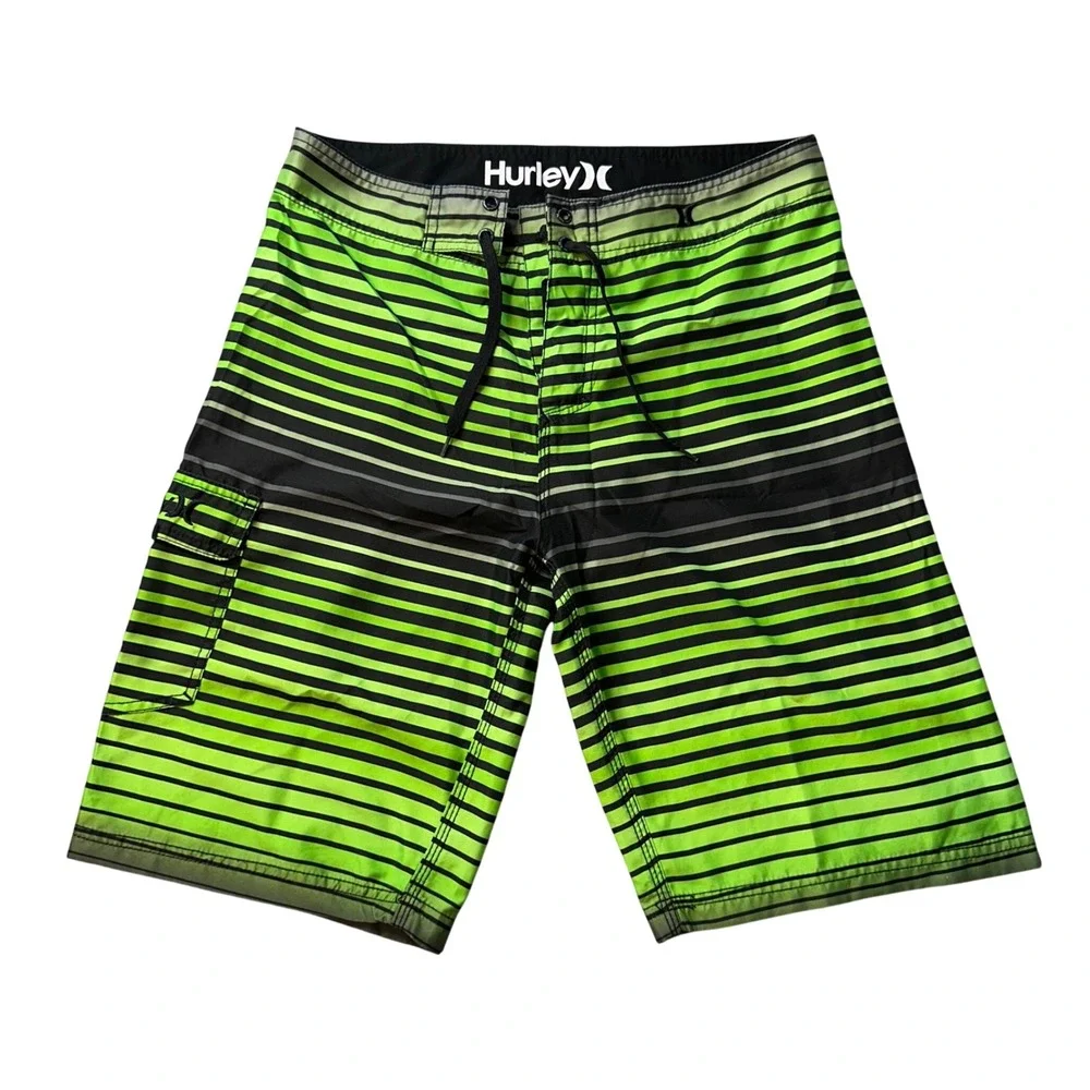 Hurley Board Shorts Boys 16 Green Striped Swim Trunks‎ Cargo Pocket Fade Surf